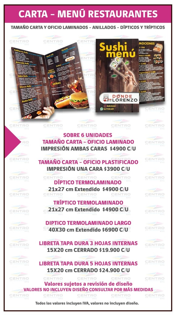 Carta Menu Restaurante Laminado